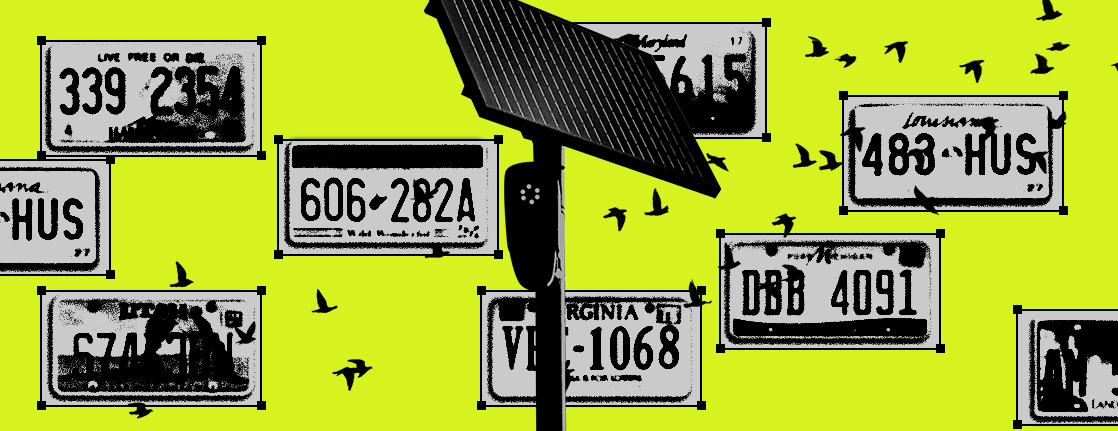 Graphic illustration of a Flock camera in front of a background of different license plates.
